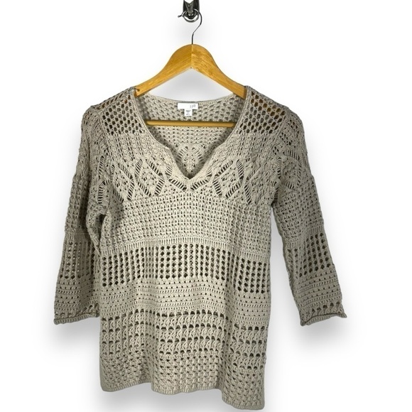 4 for $40 SALE!J Jill Crocheted Split V Neck Fisherman's Sweater, Cream, Size S - Picture 1 of 9